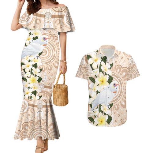 Australia Long-billed Corella Couples Matching Mermaid Dress and Hawaiian Shirt Cacatua Tenuirostris Plumeria Aboriginal Art - Aussie Hoodie