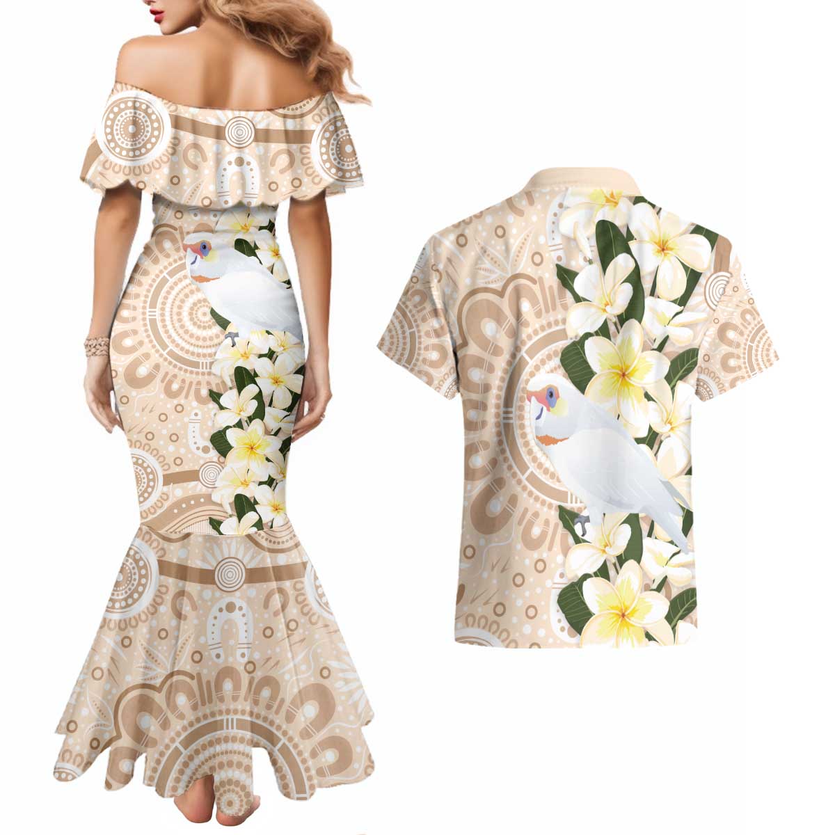 Australia Long-billed Corella Couples Matching Mermaid Dress and Hawaiian Shirt Cacatua Tenuirostris Plumeria Aboriginal Art - Aussie Hoodie