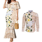 Australia Long-billed Corella Couples Matching Mermaid Dress and Long Sleeve Button Shirt Cacatua Tenuirostris Plumeria Aboriginal Art - Aussie Hoodie