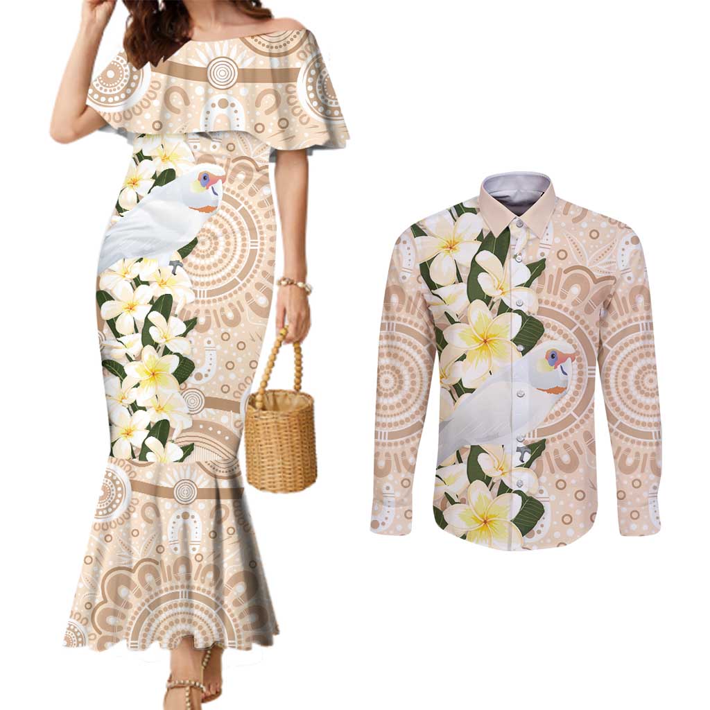 Australia Long-billed Corella Couples Matching Mermaid Dress and Long Sleeve Button Shirt Cacatua Tenuirostris Plumeria Aboriginal Art - Aussie Hoodie