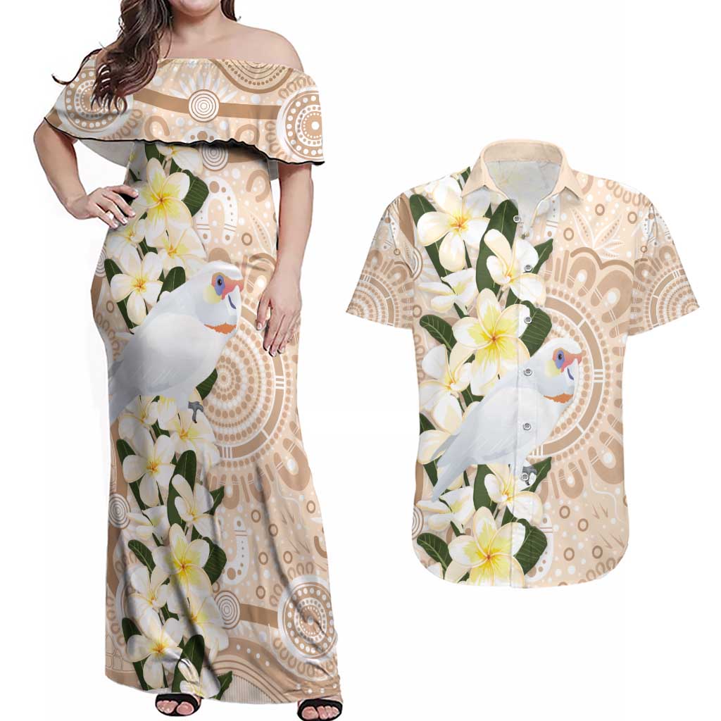 Australia Long-billed Corella Couples Matching Off Shoulder Maxi Dress and Hawaiian Shirt Cacatua Tenuirostris Plumeria Aboriginal Art - Aussie Hoodie