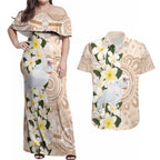 Australia Long-billed Corella Couples Matching Off Shoulder Maxi Dress and Hawaiian Shirt Cacatua Tenuirostris Plumeria Aboriginal Art - Aussie Hoodie
