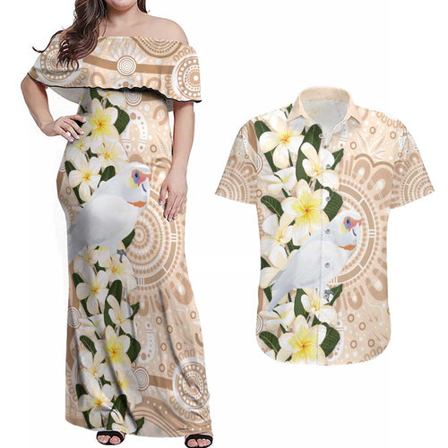Australia Long-billed Corella Couples Matching Off Shoulder Maxi Dress and Hawaiian Shirt Cacatua Tenuirostris Plumeria Aboriginal Art - Aussie Hoodie