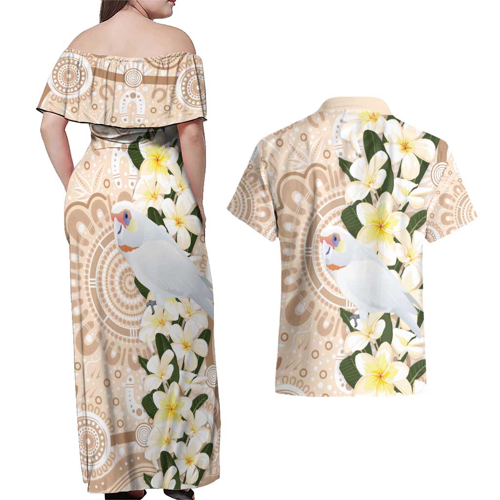 Australia Long-billed Corella Couples Matching Off Shoulder Maxi Dress and Hawaiian Shirt Cacatua Tenuirostris Plumeria Aboriginal Art - Aussie Hoodie