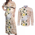 Australia Long-billed Corella Couples Matching Off Shoulder Maxi Dress and Long Sleeve Button Shirt Cacatua Tenuirostris Plumeria Aboriginal Art - Aussie Hoodie