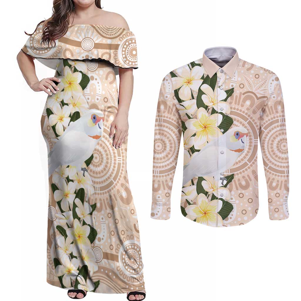 Australia Long-billed Corella Couples Matching Off Shoulder Maxi Dress and Long Sleeve Button Shirt Cacatua Tenuirostris Plumeria Aboriginal Art - Aussie Hoodie
