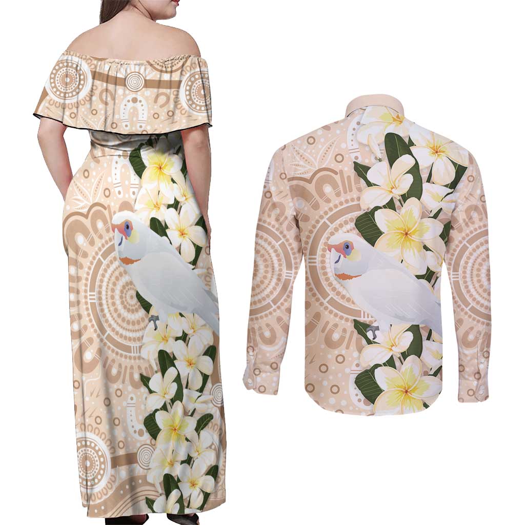 Australia Long-billed Corella Couples Matching Off Shoulder Maxi Dress and Long Sleeve Button Shirt Cacatua Tenuirostris Plumeria Aboriginal Art - Aussie Hoodie