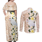 Australia Long-billed Corella Couples Matching Off Shoulder Maxi Dress and Long Sleeve Button Shirt Cacatua Tenuirostris Plumeria Aboriginal Art - Aussie Hoodie