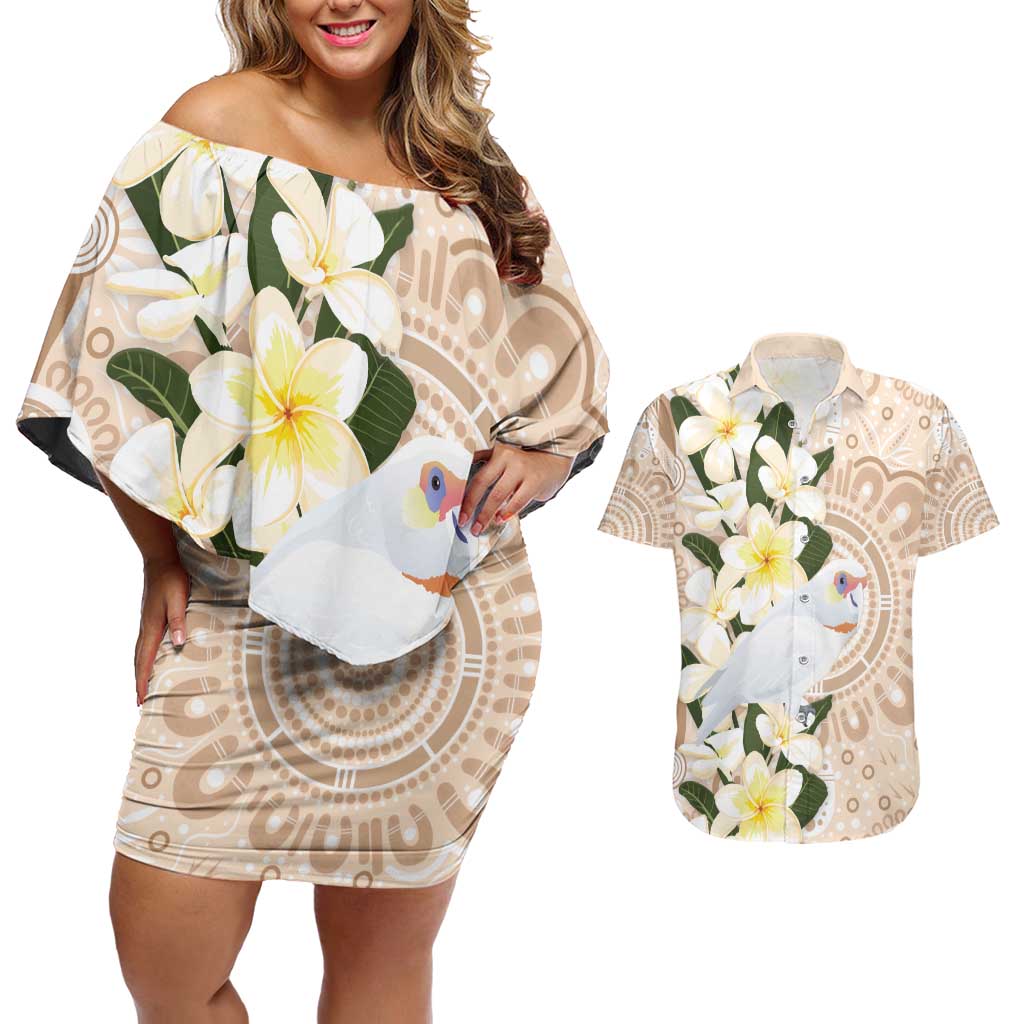 Australia Long-billed Corella Couples Matching Off Shoulder Short Dress and Hawaiian Shirt Cacatua Tenuirostris Plumeria Aboriginal Art - Aussie Hoodie