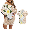 Australia Long-billed Corella Couples Matching Off Shoulder Short Dress and Hawaiian Shirt Cacatua Tenuirostris Plumeria Aboriginal Art - Aussie Hoodie