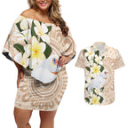 Australia Long-billed Corella Couples Matching Off Shoulder Short Dress and Hawaiian Shirt Cacatua Tenuirostris Plumeria Aboriginal Art - Aussie Hoodie