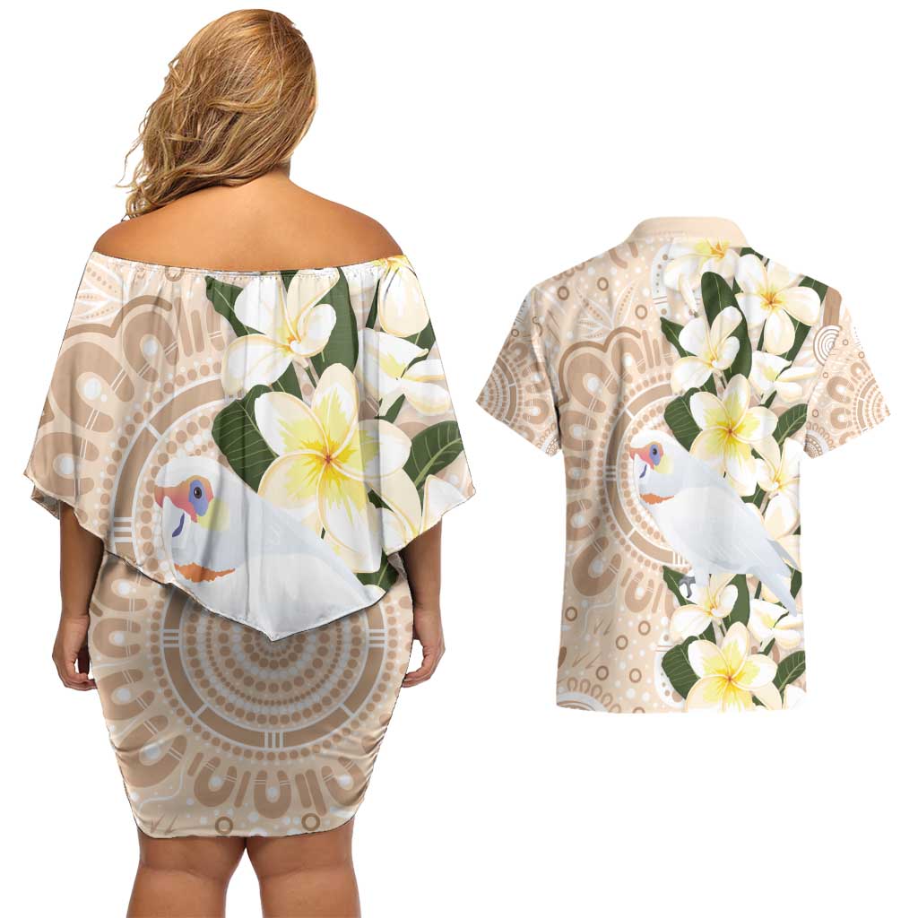 Australia Long-billed Corella Couples Matching Off Shoulder Short Dress and Hawaiian Shirt Cacatua Tenuirostris Plumeria Aboriginal Art - Aussie Hoodie