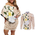 Australia Long-billed Corella Couples Matching Off Shoulder Short Dress and Long Sleeve Button Shirt Cacatua Tenuirostris Plumeria Aboriginal Art - Aussie Hoodie