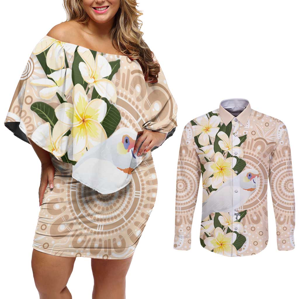 Australia Long-billed Corella Couples Matching Off Shoulder Short Dress and Long Sleeve Button Shirt Cacatua Tenuirostris Plumeria Aboriginal Art - Aussie Hoodie