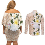 Australia Long-billed Corella Couples Matching Off Shoulder Short Dress and Long Sleeve Button Shirt Cacatua Tenuirostris Plumeria Aboriginal Art - Aussie Hoodie