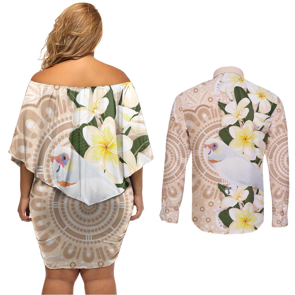 Australia Long-billed Corella Couples Matching Off Shoulder Short Dress and Long Sleeve Button Shirt Cacatua Tenuirostris Plumeria Aboriginal Art - Aussie Hoodie