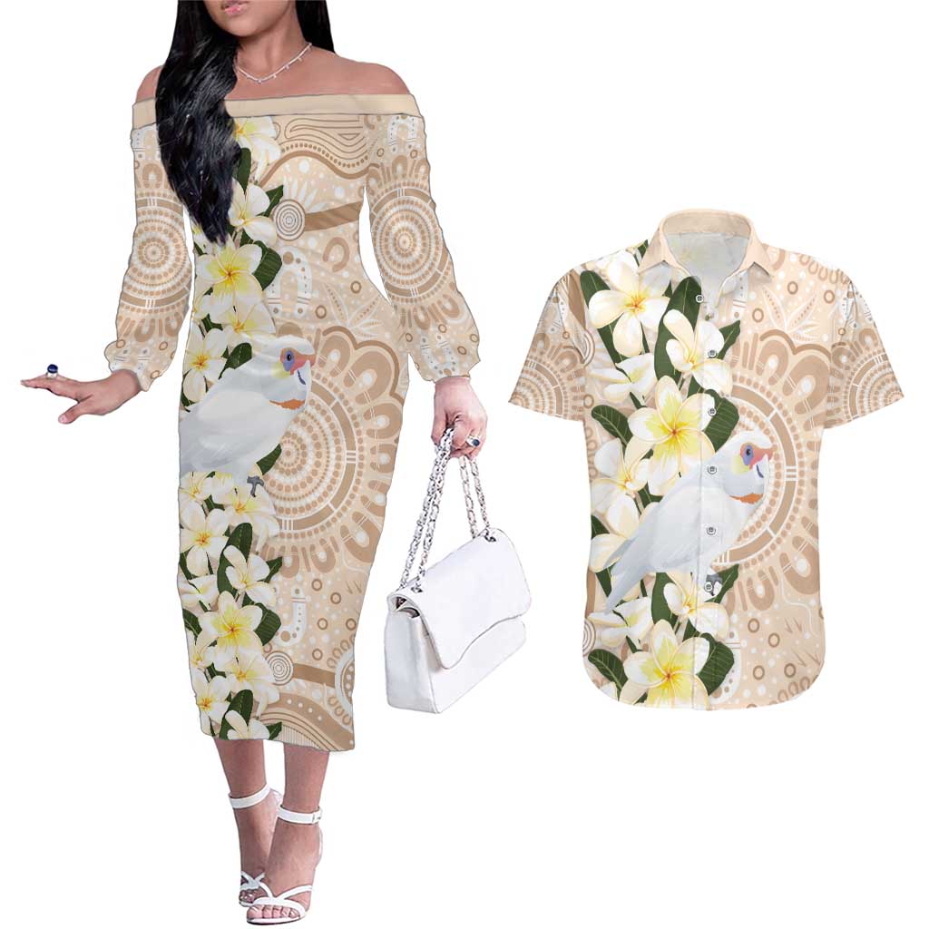 Australia Long-billed Corella Couples Matching Off The Shoulder Long Sleeve Dress and Hawaiian Shirt Cacatua Tenuirostris Plumeria Aboriginal Art - Aussie Hoodie