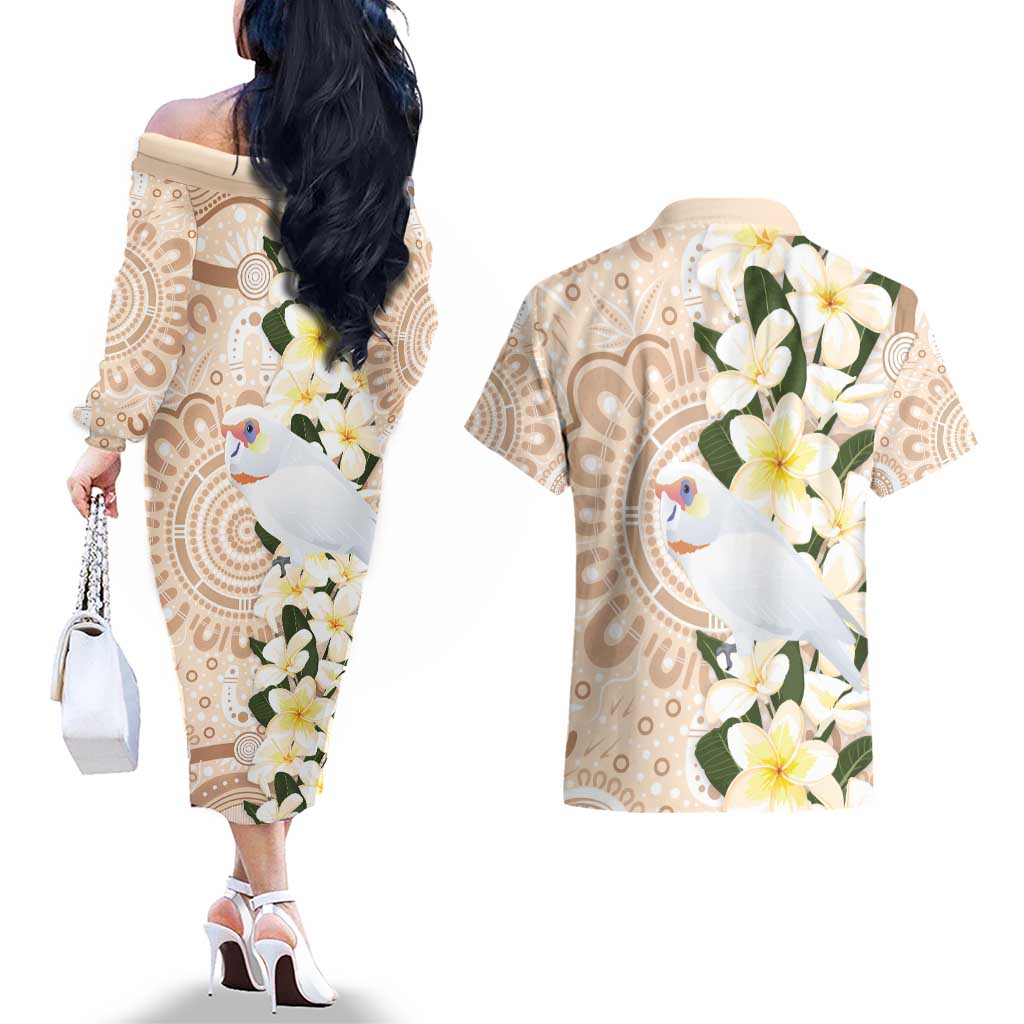 Australia Long-billed Corella Couples Matching Off The Shoulder Long Sleeve Dress and Hawaiian Shirt Cacatua Tenuirostris Plumeria Aboriginal Art - Aussie Hoodie