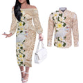Australia Long-billed Corella Couples Matching Off The Shoulder Long Sleeve Dress and Long Sleeve Button Shirt Cacatua Tenuirostris Plumeria Aboriginal Art - Aussie Hoodie