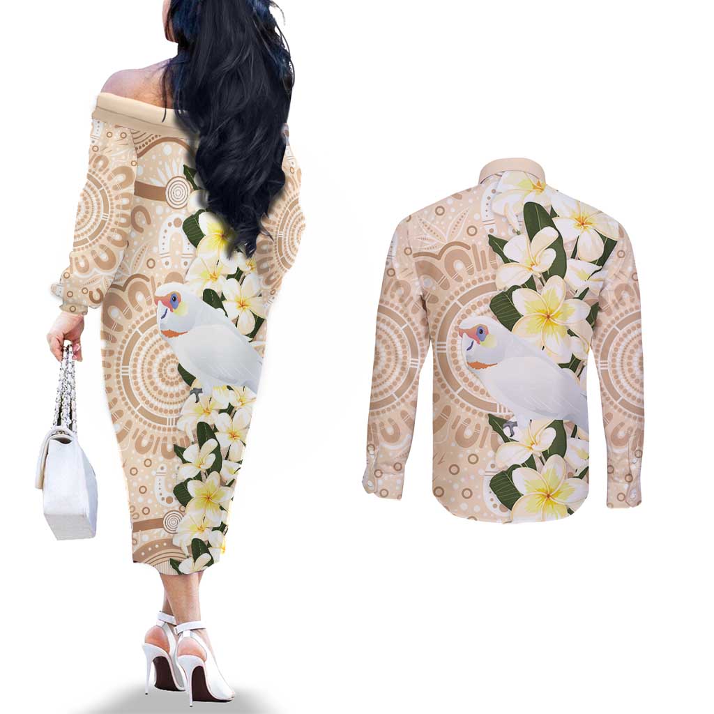Australia Long-billed Corella Couples Matching Off The Shoulder Long Sleeve Dress and Long Sleeve Button Shirt Cacatua Tenuirostris Plumeria Aboriginal Art - Aussie Hoodie