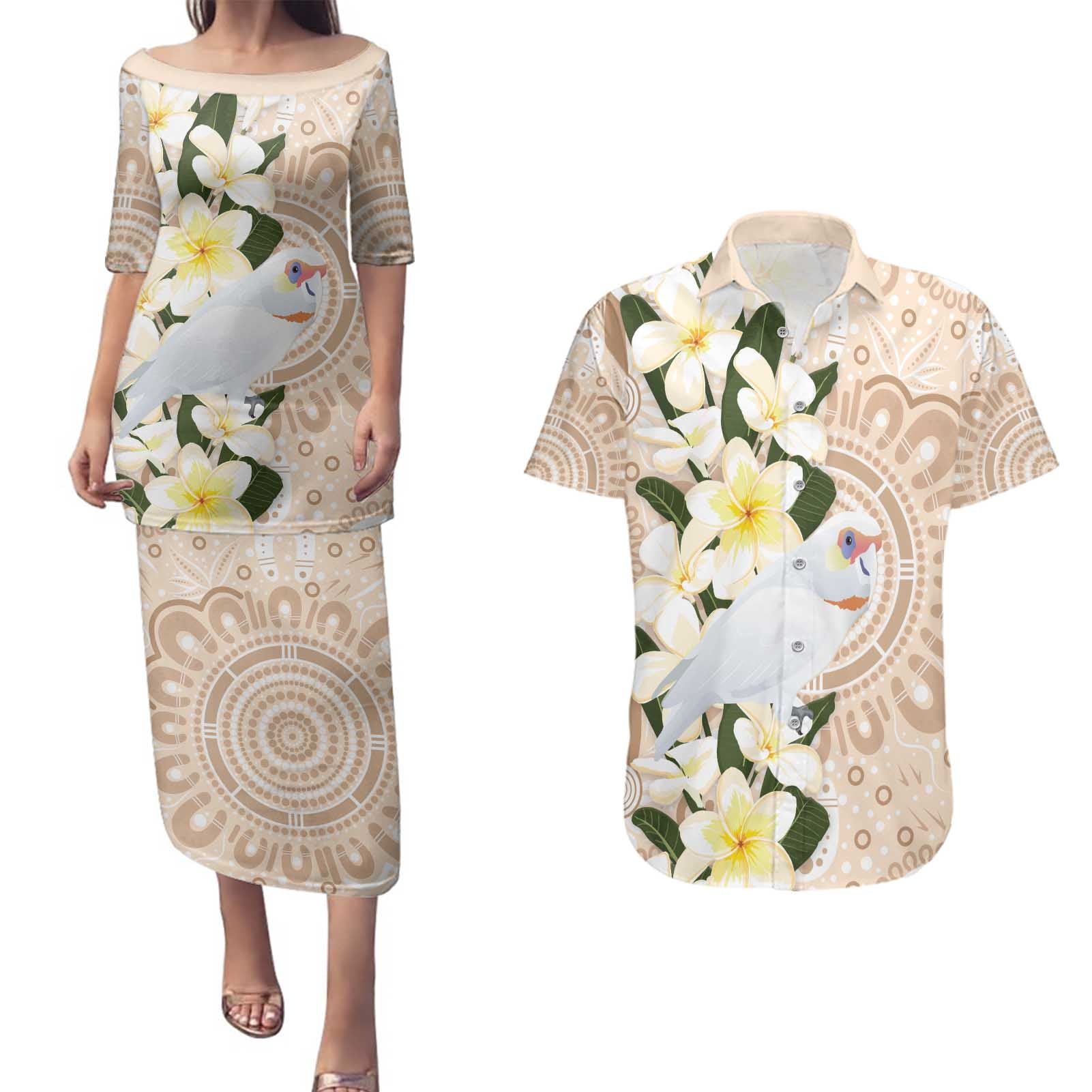 Australia Long-billed Corella Couples Matching Puletasi and Hawaiian Shirt Cacatua Tenuirostris Plumeria Aboriginal Art - Aussie Hoodie