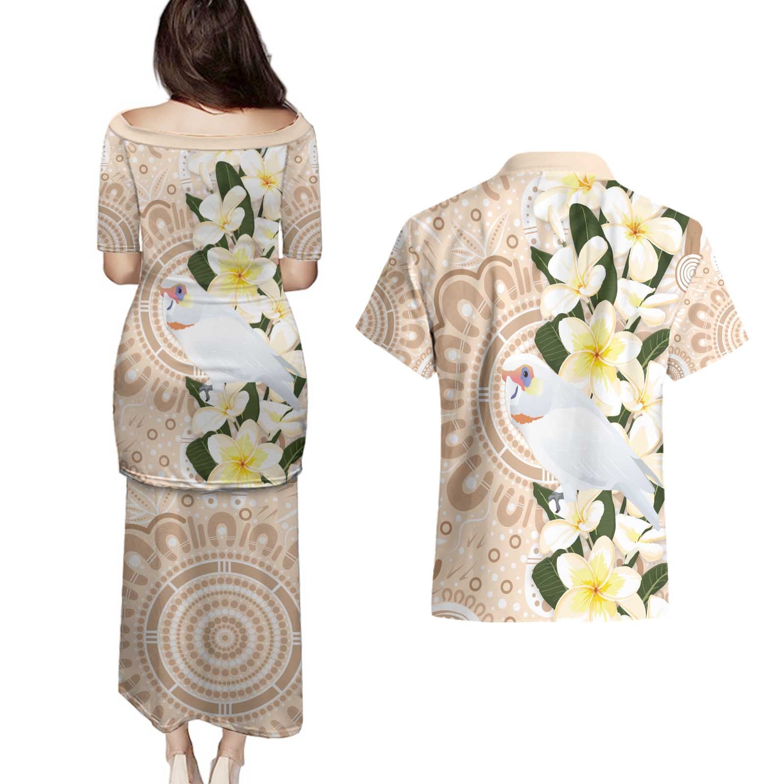 Australia Long-billed Corella Couples Matching Puletasi and Hawaiian Shirt Cacatua Tenuirostris Plumeria Aboriginal Art - Aussie Hoodie