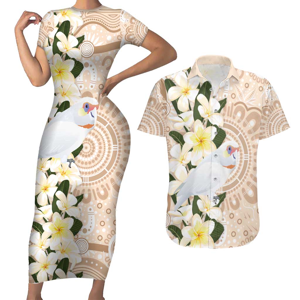 Australia Long-billed Corella Couples Matching Short Sleeve Bodycon Dress and Hawaiian Shirt Cacatua Tenuirostris Plumeria Aboriginal Art - Aussie Hoodie