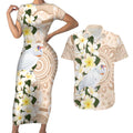 Australia Long-billed Corella Couples Matching Short Sleeve Bodycon Dress and Hawaiian Shirt Cacatua Tenuirostris Plumeria Aboriginal Art - Aussie Hoodie