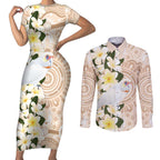 Australia Long-billed Corella Couples Matching Short Sleeve Bodycon Dress and Long Sleeve Button Shirt Cacatua Tenuirostris Plumeria Aboriginal Art - Aussie Hoodie