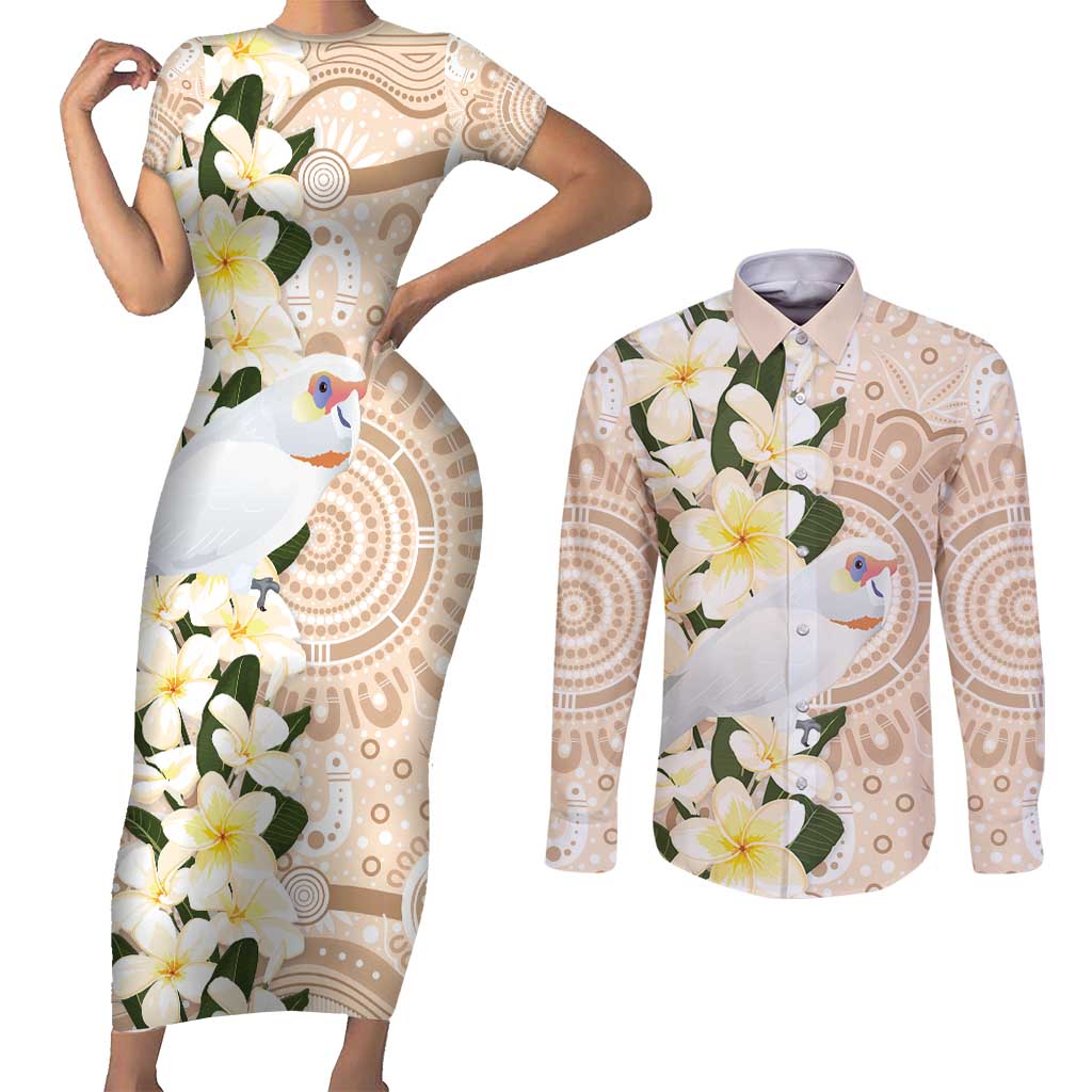 Australia Long-billed Corella Couples Matching Short Sleeve Bodycon Dress and Long Sleeve Button Shirt Cacatua Tenuirostris Plumeria Aboriginal Art - Aussie Hoodie
