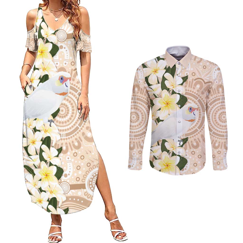 Australia Long-billed Corella Couples Matching Summer Maxi Dress and Long Sleeve Button Shirt Cacatua Tenuirostris Plumeria Aboriginal Art - Aussie Hoodie