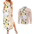 Australia Long-billed Corella Couples Matching Summer Maxi Dress and Long Sleeve Button Shirt Cacatua Tenuirostris Plumeria Aboriginal Art - Aussie Hoodie