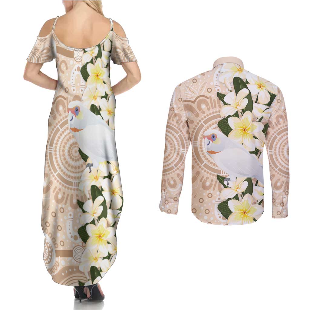 Australia Long-billed Corella Couples Matching Summer Maxi Dress and Long Sleeve Button Shirt Cacatua Tenuirostris Plumeria Aboriginal Art - Aussie Hoodie