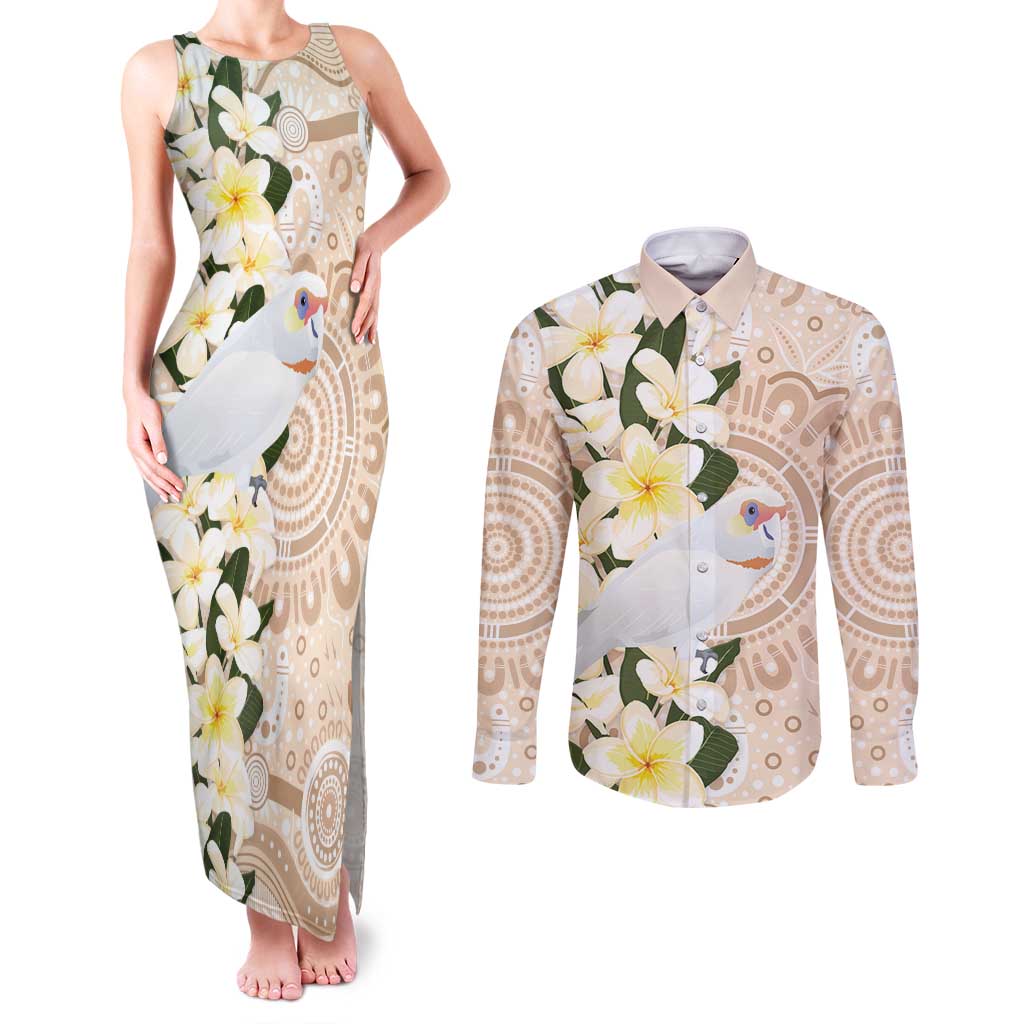 Australia Long-billed Corella Couples Matching Tank Maxi Dress and Long Sleeve Button Shirt Cacatua Tenuirostris Plumeria Aboriginal Art - Aussie Hoodie