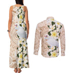 Australia Long-billed Corella Couples Matching Tank Maxi Dress and Long Sleeve Button Shirt Cacatua Tenuirostris Plumeria Aboriginal Art - Aussie Hoodie