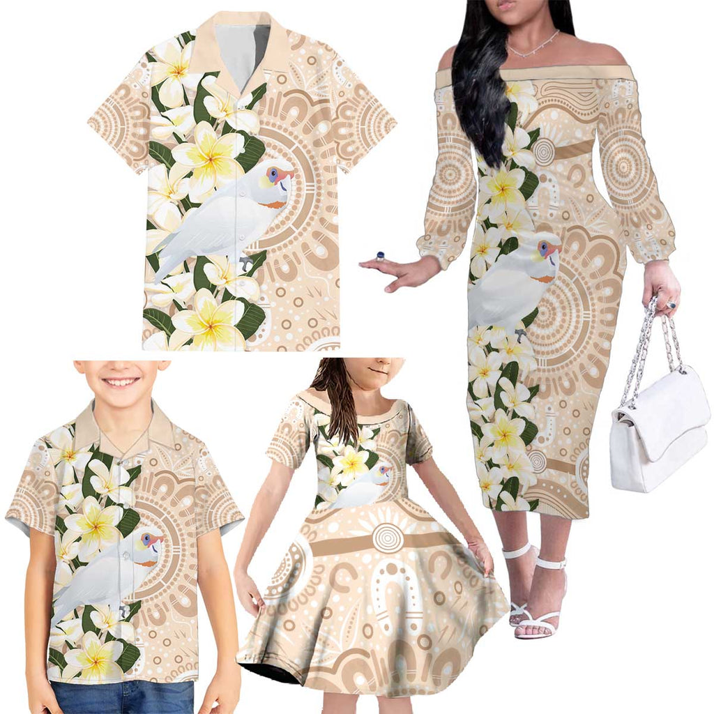 Australia Long-billed Corella Family Matching Off The Shoulder Long Sleeve Dress and Hawaiian Shirt Cacatua Tenuirostris Plumeria Aboriginal Art - Aussie Hoodie