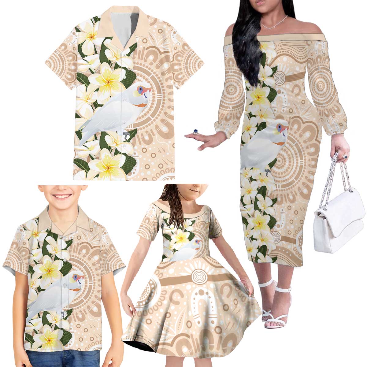 Australia Long-billed Corella Family Matching Off The Shoulder Long Sleeve Dress and Hawaiian Shirt Cacatua Tenuirostris Plumeria Aboriginal Art - Aussie Hoodie