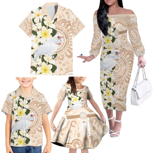 Australia Long-billed Corella Family Matching Off The Shoulder Long Sleeve Dress and Hawaiian Shirt Cacatua Tenuirostris Plumeria Aboriginal Art - Aussie Hoodie