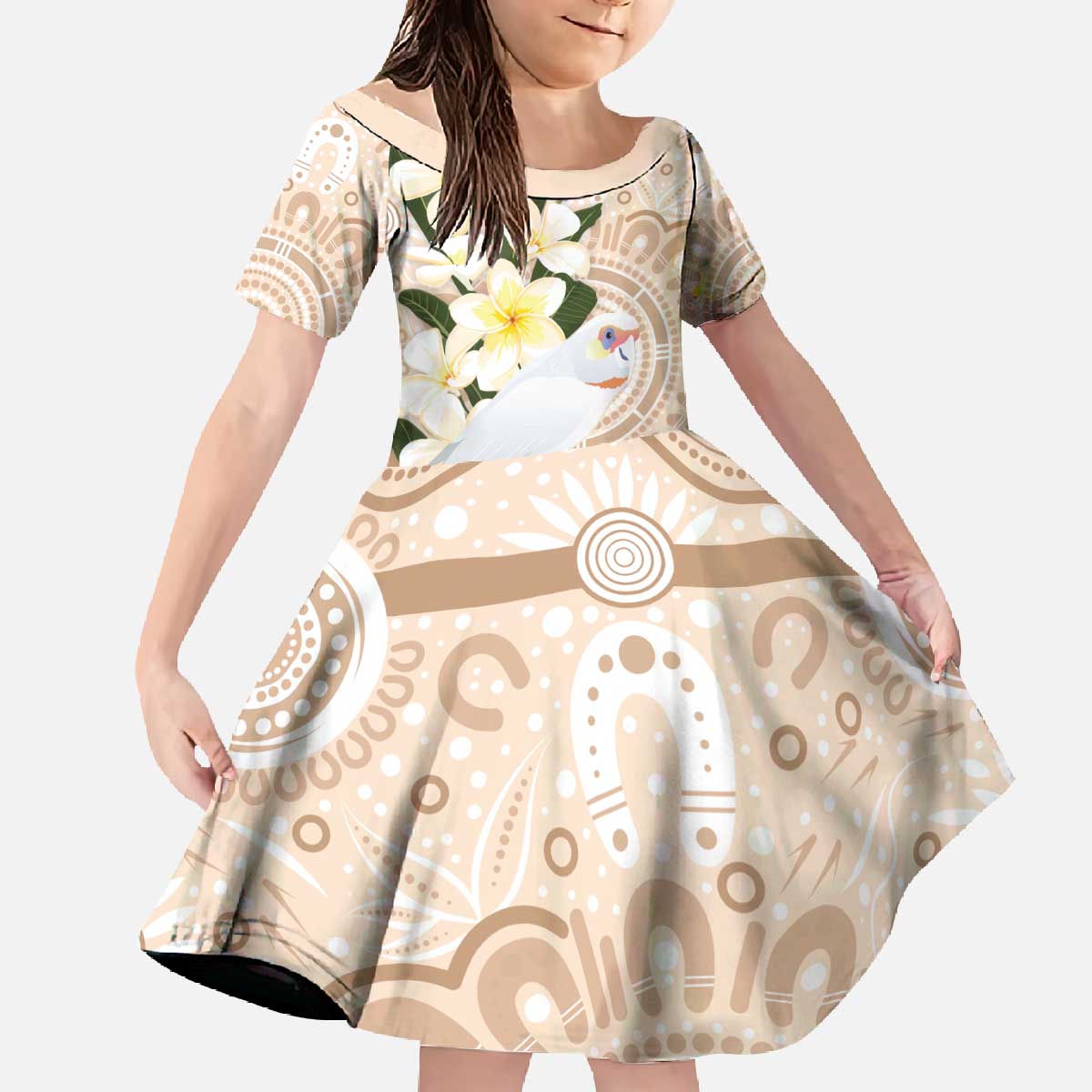 Australia Long-billed Corella Family Matching Off The Shoulder Long Sleeve Dress and Hawaiian Shirt Cacatua Tenuirostris Plumeria Aboriginal Art - Aussie Hoodie