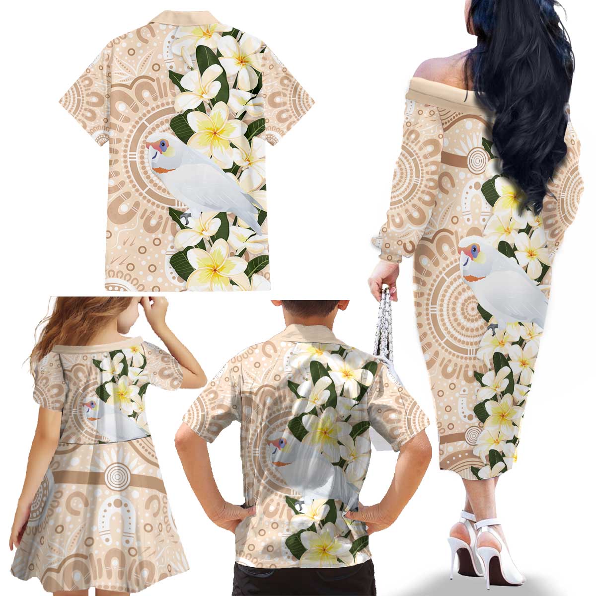 Australia Long-billed Corella Family Matching Off The Shoulder Long Sleeve Dress and Hawaiian Shirt Cacatua Tenuirostris Plumeria Aboriginal Art - Aussie Hoodie