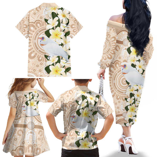Australia Long-billed Corella Family Matching Off The Shoulder Long Sleeve Dress and Hawaiian Shirt Cacatua Tenuirostris Plumeria Aboriginal Art - Aussie Hoodie