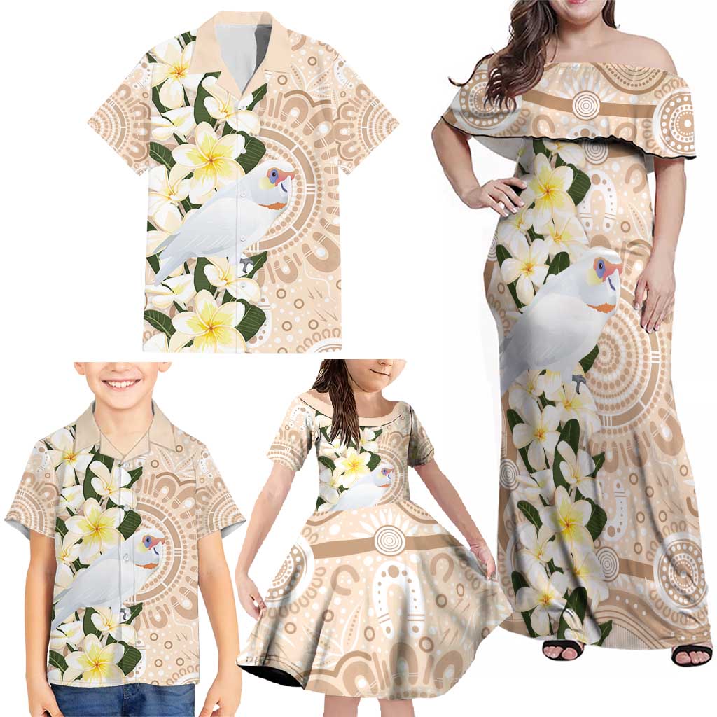 Australia Long-billed Corella Family Matching Off Shoulder Maxi Dress and Hawaiian Shirt Cacatua Tenuirostris Plumeria Aboriginal Art - Aussie Hoodie