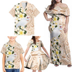 Australia Long-billed Corella Family Matching Off Shoulder Maxi Dress and Hawaiian Shirt Cacatua Tenuirostris Plumeria Aboriginal Art - Aussie Hoodie
