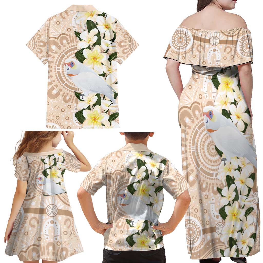 Australia Long-billed Corella Family Matching Off Shoulder Maxi Dress and Hawaiian Shirt Cacatua Tenuirostris Plumeria Aboriginal Art - Aussie Hoodie