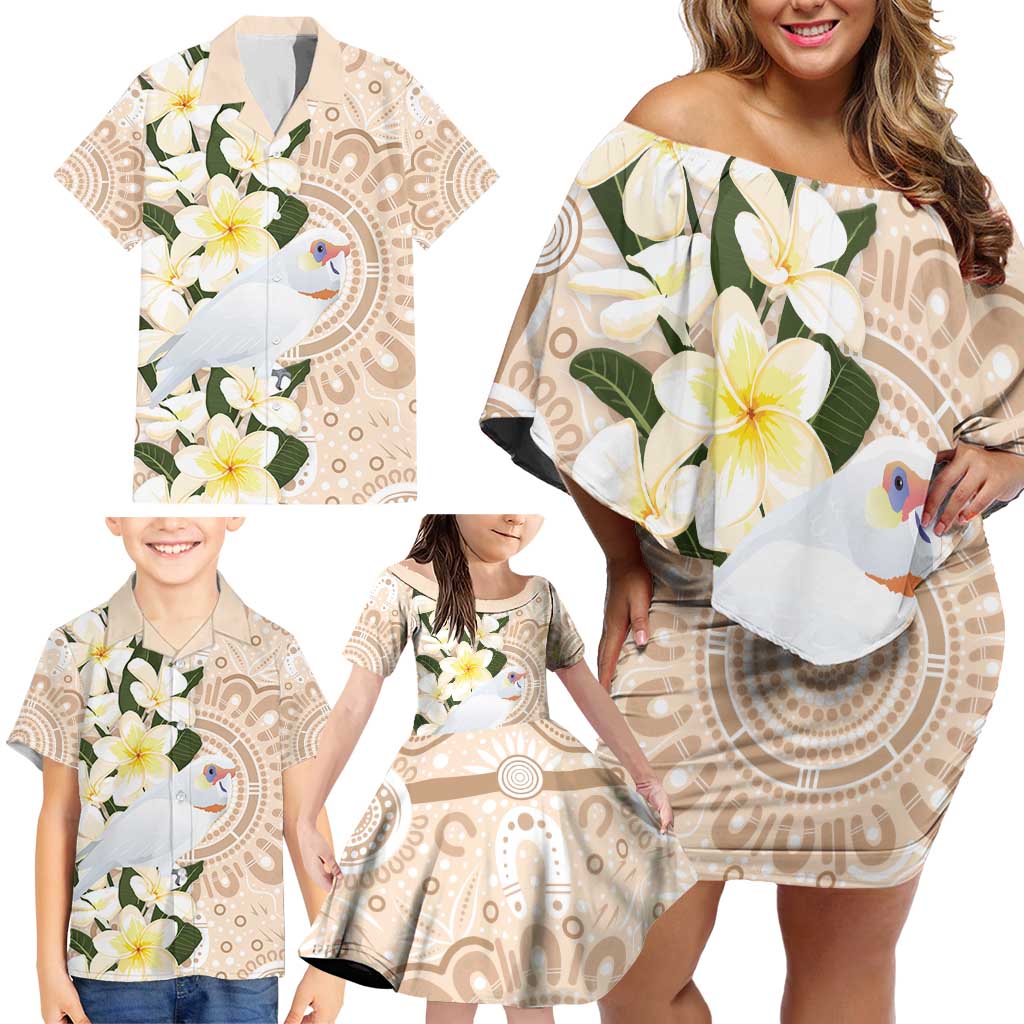 Australia Long-billed Corella Family Matching Off Shoulder Short Dress and Hawaiian Shirt Cacatua Tenuirostris Plumeria Aboriginal Art - Aussie Hoodie