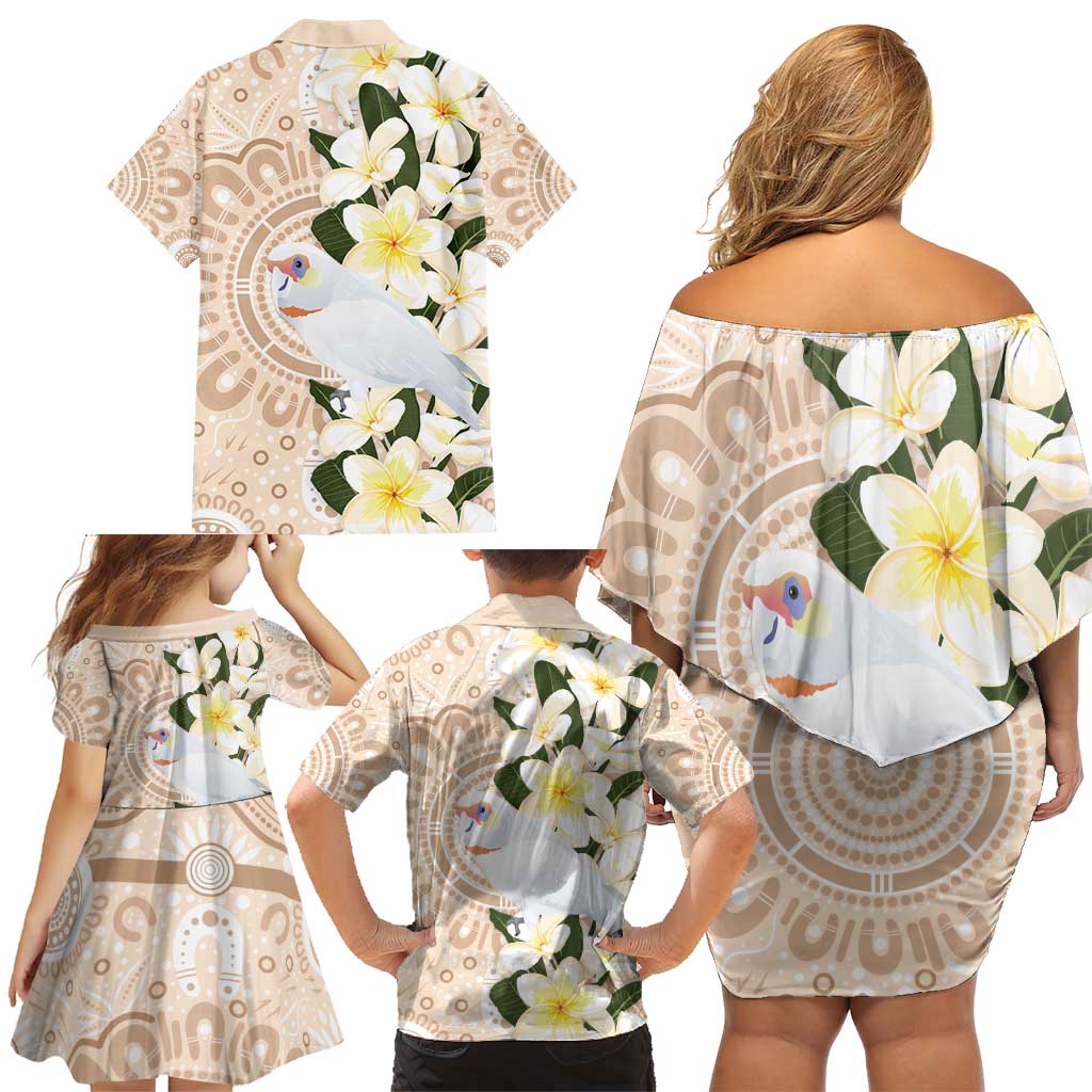 Australia Long-billed Corella Family Matching Off Shoulder Short Dress and Hawaiian Shirt Cacatua Tenuirostris Plumeria Aboriginal Art - Aussie Hoodie