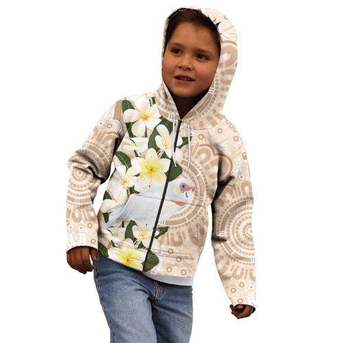 Australia Long-billed Corella Kid Hoodie Cacatua Tenuirostris Plumeria Aboriginal Art - Aussie Hoodie