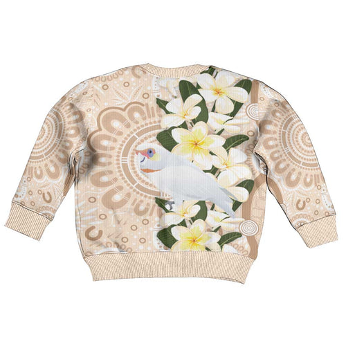 Australia Long-billed Corella Kid Ugly Christmas Sweater Cacatua Tenuirostris Plumeria Aboriginal Art - Aussie Hoodie