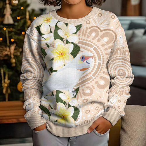 Australia Long-billed Corella Kid Ugly Christmas Sweater Cacatua Tenuirostris Plumeria Aboriginal Art - Aussie Hoodie