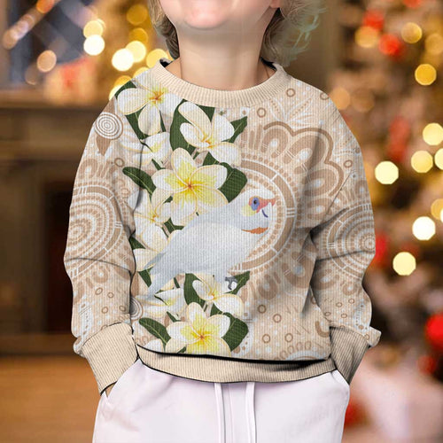 Australia Long-billed Corella Kid Ugly Christmas Sweater Cacatua Tenuirostris Plumeria Aboriginal Art - Aussie Hoodie